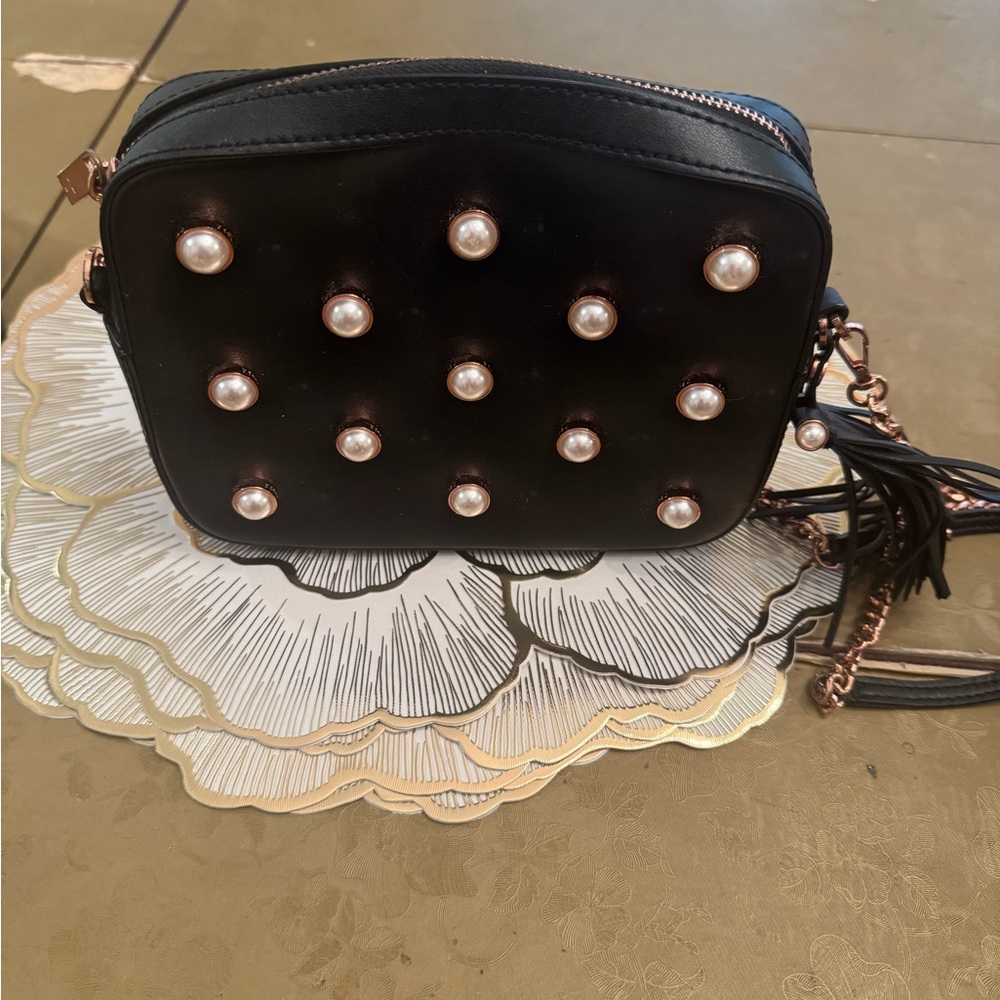 Black Pearl-Studded Crossbody Bag